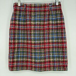 90s Academia Mini Skirt Women's Size 10‎ Red Wool Tweed Blue Lined Pencil